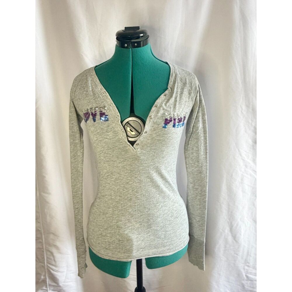VS PINK Y2K heather grey bling sequin henley top. Size small